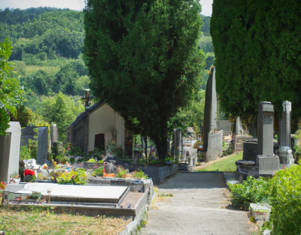 A serene cemetery scene in Isère, France, with lush greenery and traditional gravestones, depicting a peaceful resting place.