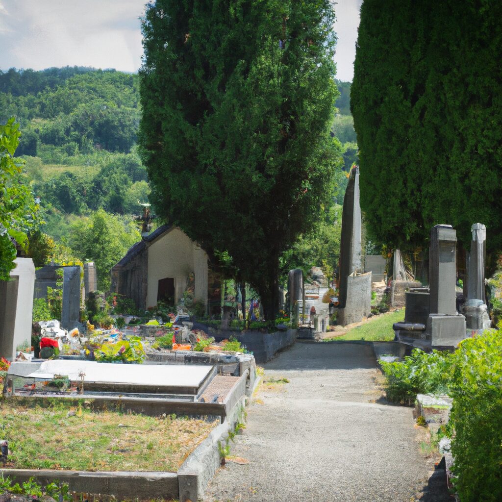 A serene cemetery scene in Isère, France, with lush greenery and traditional gravestones, depicting a peaceful resting place.