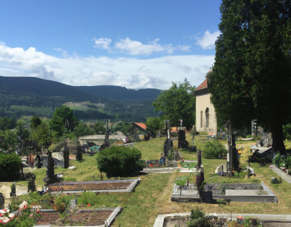 A serene cemetery in Isère, France, with beautiful greenery and a peaceful ambiance.