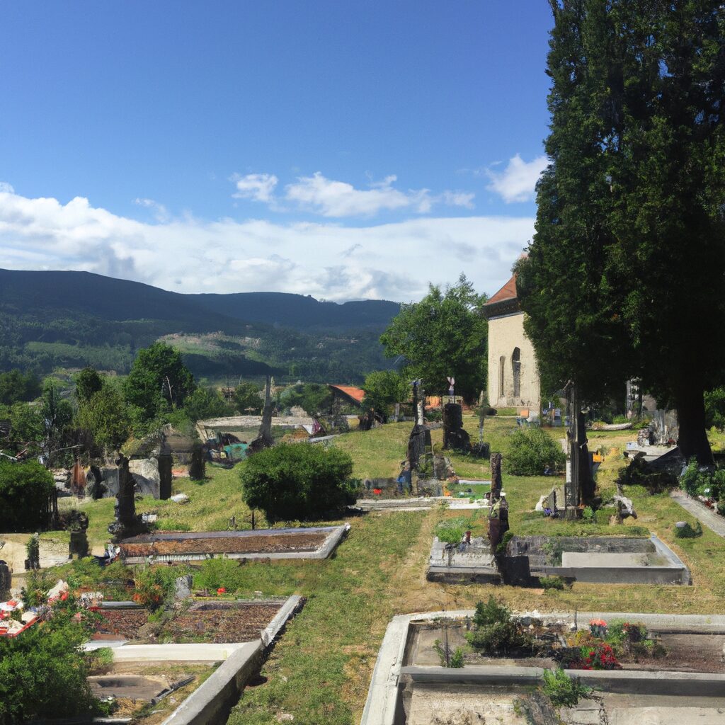 A serene cemetery in Isère, France, with beautiful greenery and a peaceful ambiance.