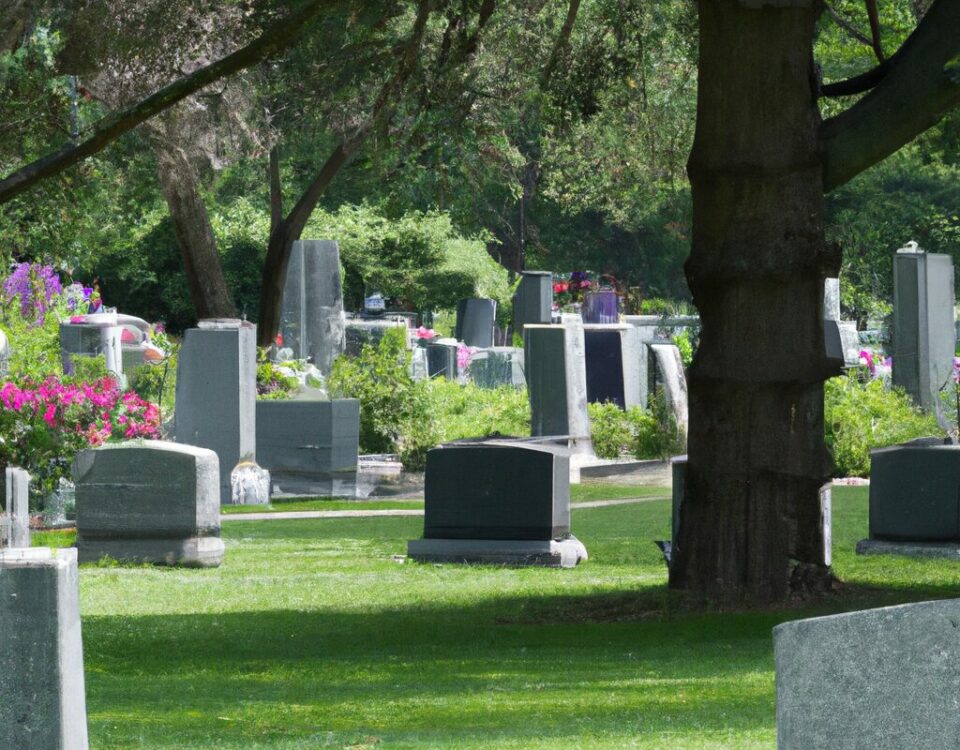 A dignified and serene cemetery with beautifully crafted granite tombstones, surrounded by green trees, representing a peaceful resting place.