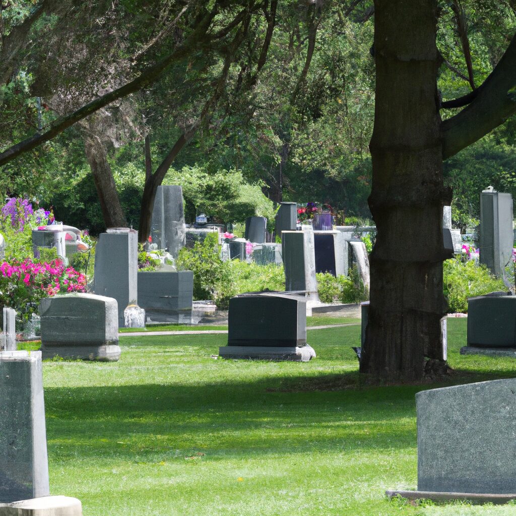A dignified and serene cemetery with beautifully crafted granite tombstones, surrounded by green trees, representing a peaceful resting place.